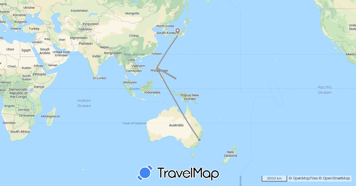 TravelMap itinerary: driving, plane, boat in Australia, Japan, Philippines, Palau (Asia, Oceania)